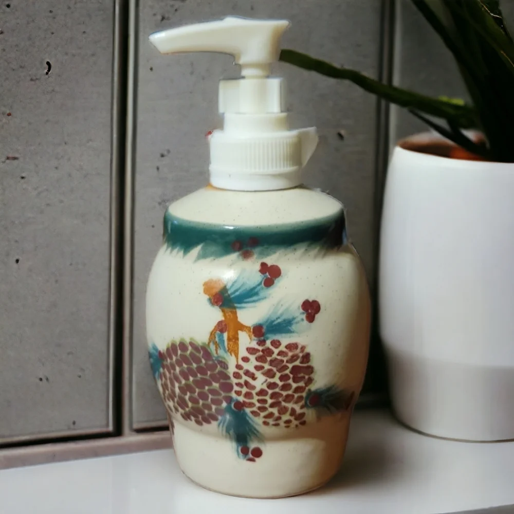 Vtg Ceramic Pump Bathroom Soap Dispenser Abstract Art Pine Tree Cones